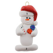 Ornament of white snowman in red hat holding cards and poker chips, numbered 1-2 for personalization.