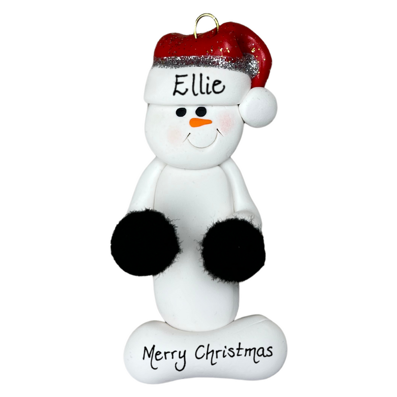 Ornament of white snowman in red hat holding black cheerleader pom-poms, personalized with name.