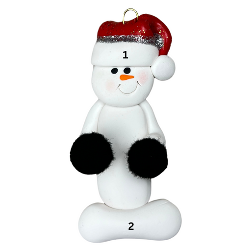 Ornament of white snowman in red hat holding black cheerleader pom-poms, numbered 1-2 for personalization.