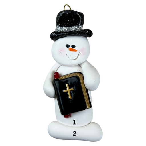 Ornament of white snowman in black top hat, holding a Bible, numbered 1-2 for personalization.