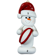 Ornament of white snowman in red hat holding a red and white rugby ball, numbered 1-2 for personalization.