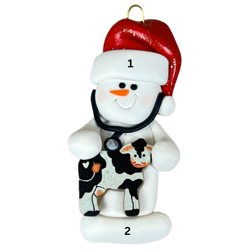 Ornament of white snowman in red hat holding a cow and stethoscope, numbered 1-2 for personalization.