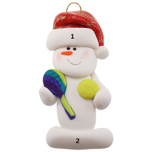 Ornament of white snowman in red hat holding a tennis paddle and ball, numbered 1-2 for personalization.