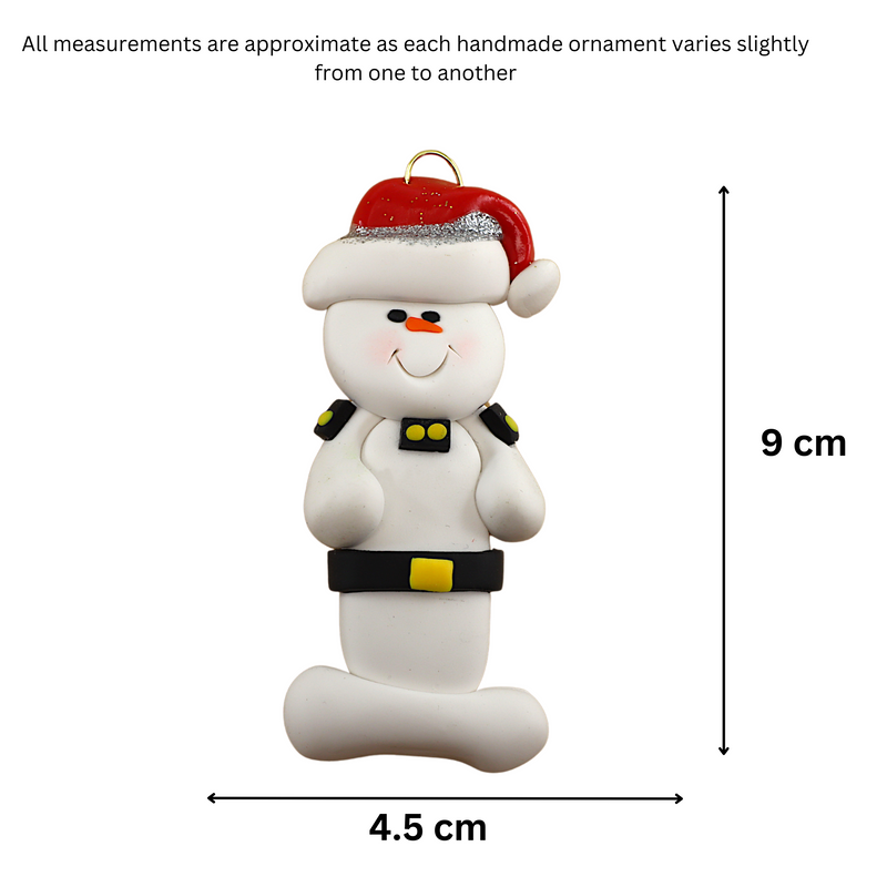 Ornament of white snowman in red hat wearing a striped police outfit, graphed to show size (4.5x9cm).