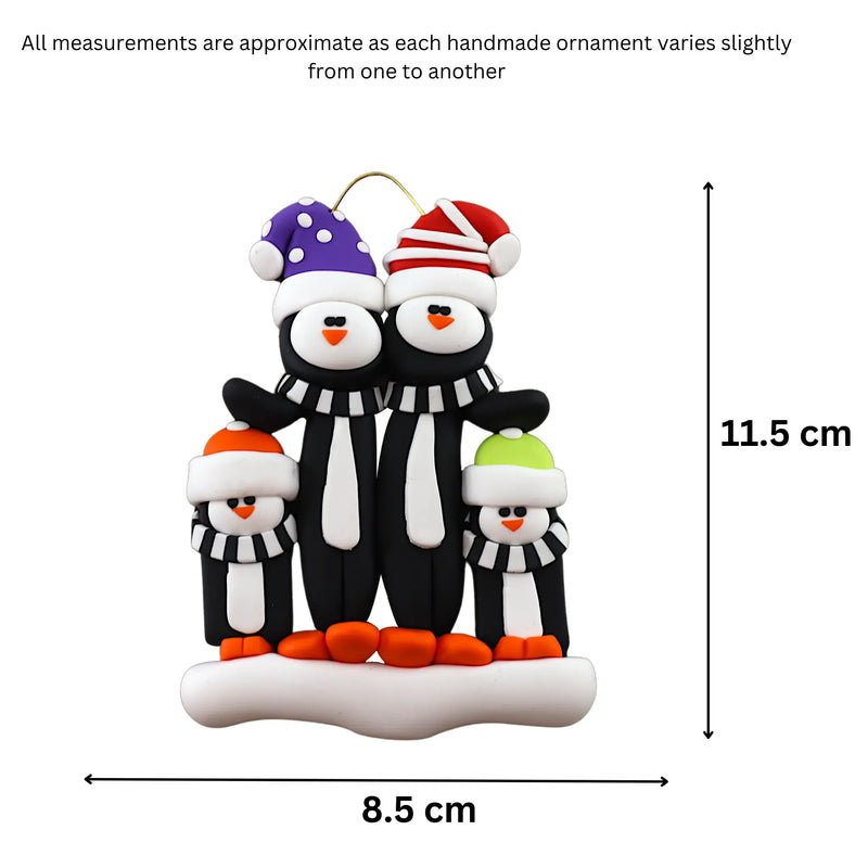 Family ornament with 4 black and white penguins in colourful festive hats, graphed to show size (8.5x11.5cm).