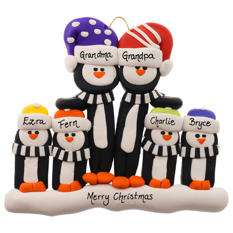 Family ornament with 6 black and white penguins in colourful festive hats, personalized with names.