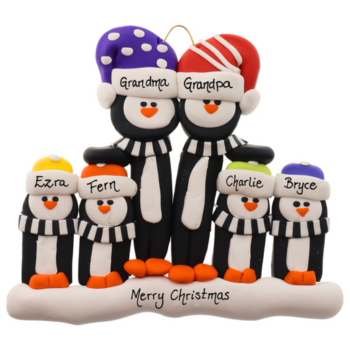 Family ornament with 6 black and white penguins in colourful festive hats, personalized with names.