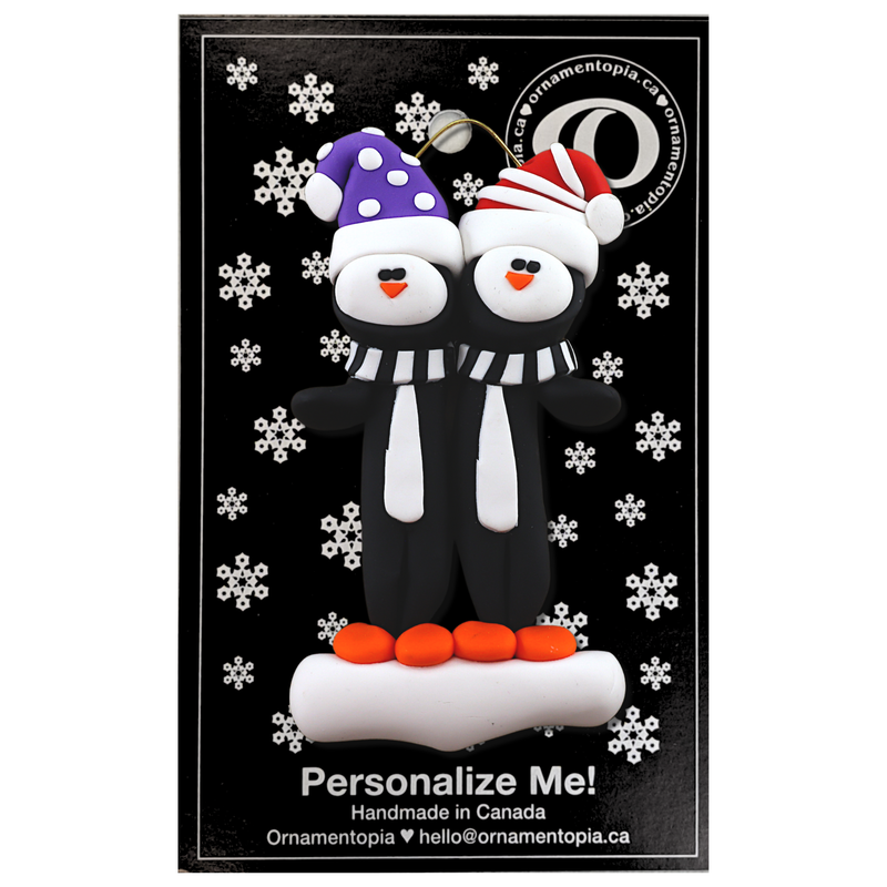Family ornament with 2 black and white penguins in colourful festive hats, on display backing card.