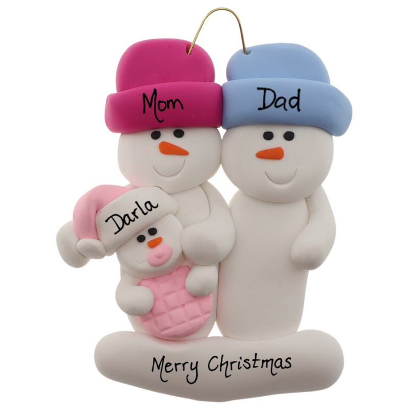 Family ornament with 2 large and 1 infant snowman in pink, personalized with names.