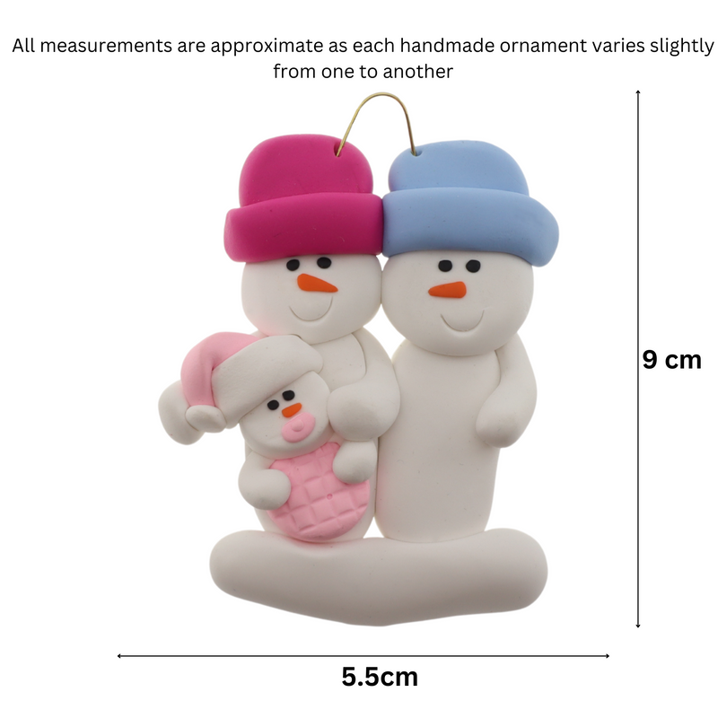 Family ornament with 2 large and 1 infant snowman in pink, graphed to show size (5.5x9cm).