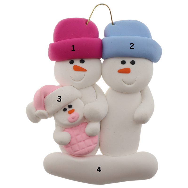 Family ornament with 2 large and 1 infant snowman in pink, numbered 1-4 for personalization.