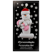 Family ornament with 1 large and 1 infant snowman in pink, on display backing card.