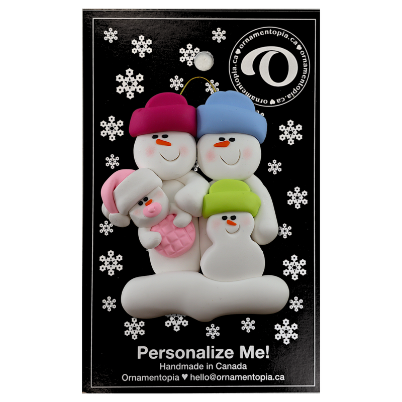 Family ornament with 2 large, 1 small and 1 infant snowman in pink, on display backing card.