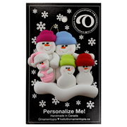 Family ornament with 2 large, 2 small and 1 infant snowmen in pink, on display backing card.