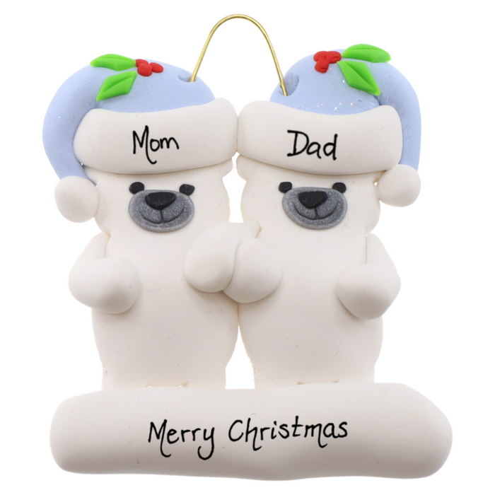 Family ornament with 2 polar bear figures in blue Christmas hats, personalized with names.
