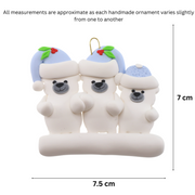 Family ornament with 3 polar bear figures in blue Christmas hats, graphed to show size (7.5x7cm).