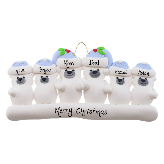 Family ornament with 6 polar bear figures in blue Christmas hats, personalized with names.