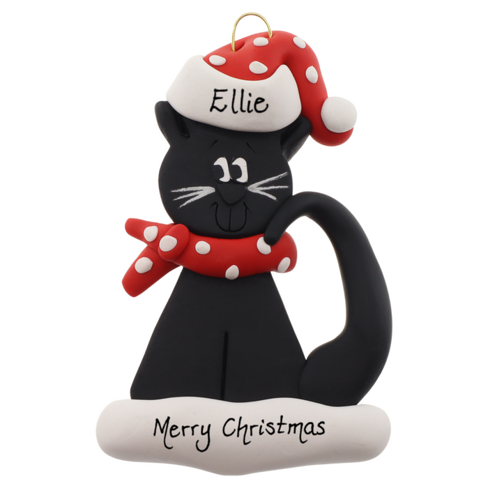 Ornament of black cat in red and white polka dot Christmas hat and scarf, personalized with name.