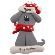 Ornament of grey dog in a red and white polka dot Christmas hat and scarf, personalized with name.