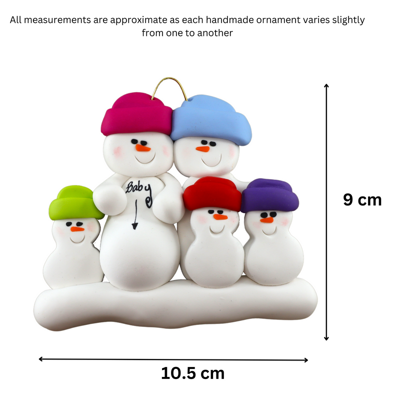 Family ornament with 5 snowmen in bright hats, one pregnant, graphed to show size (10.5x9cm).