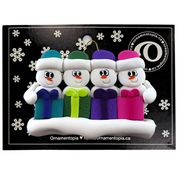 Family ornament with 4 white snowmen in colourful hats holding matching presents, on display backing card.