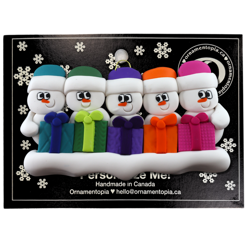 Family ornament with 5 white snowmen in colourful hats holding matching presents, on display backing card.