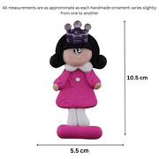 Pink princess with crown and black hair ornament, graphed to show size (5.5x10.5 cm).