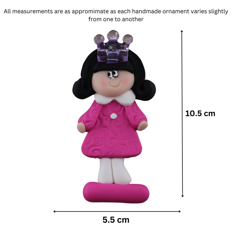 Pink princess with crown and black hair ornament, graphed to show size (5.5x10.5 cm).