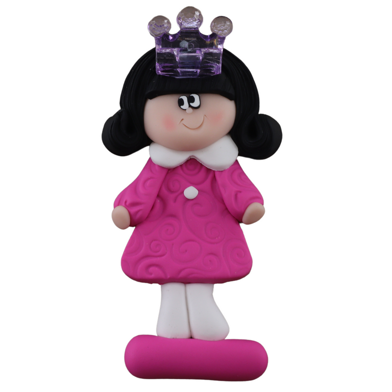 Pink princess with crown and black hair ornament.