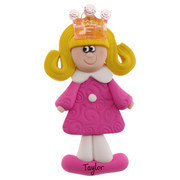 Pink princess with crown and blonde hair ornament, personalized with name.