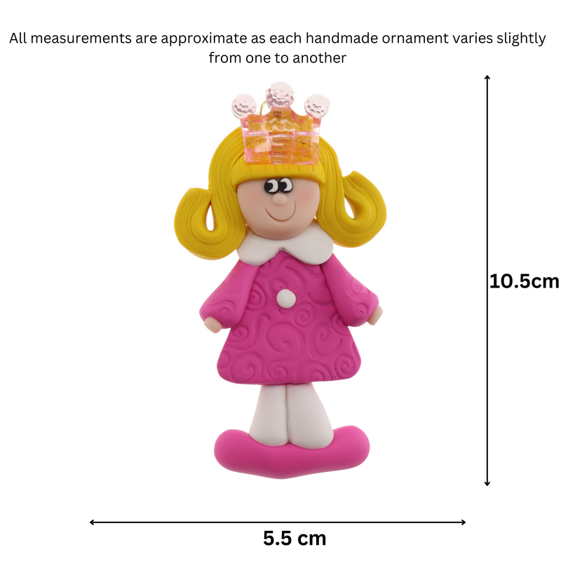 Pink princess with crown and blonde hair ornament, graphed to show size (5.5x10.5cm).
