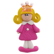 Pink princess with crown and blonde hair ornament.