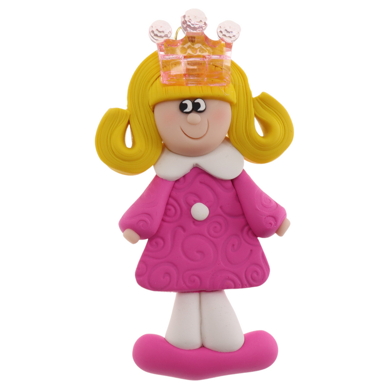 Pink princess with crown and blonde hair ornament.
