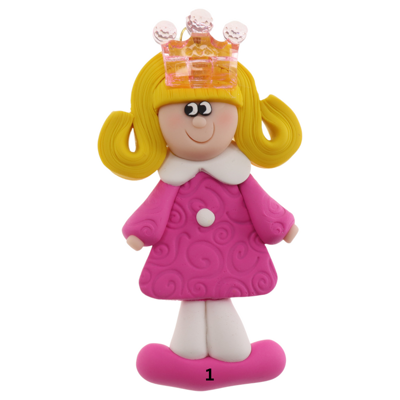 Pink princess with crown and blonde hair ornament, numbered for personalization.