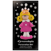 Pink princess with crown and blonde hair ornament, on display backing card.