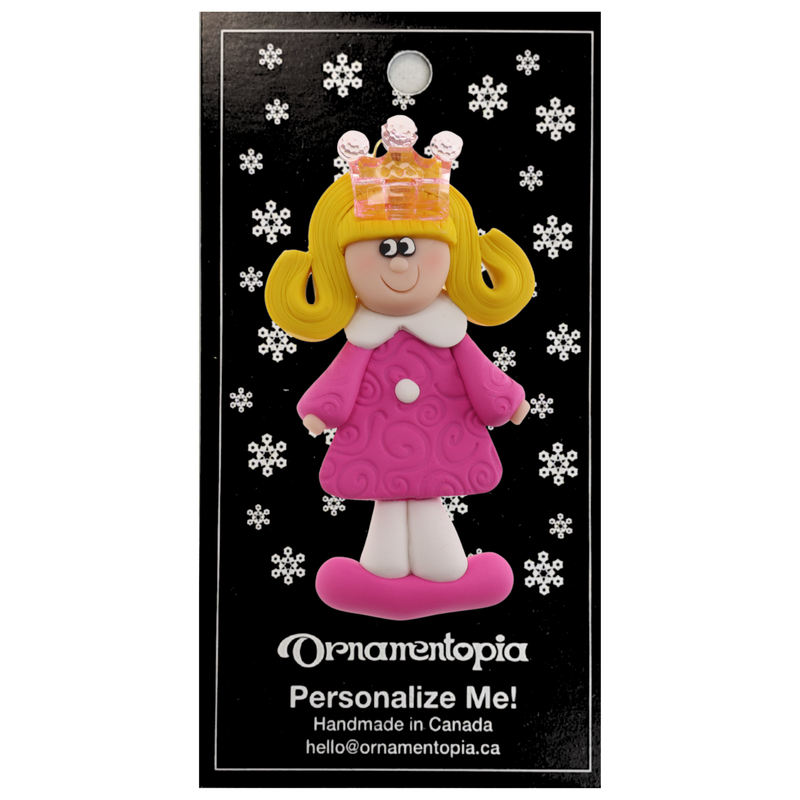 Pink princess with crown and blonde hair ornament, on display backing card.