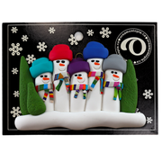 Family ornament with 5 snowmen in colourful scarves and hats, hemmed by Christmas trees, on display backing card.