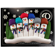 Family ornament with 6 snowmen in colourful scarves and hats, hemmed by Christmas trees, on display backing card.