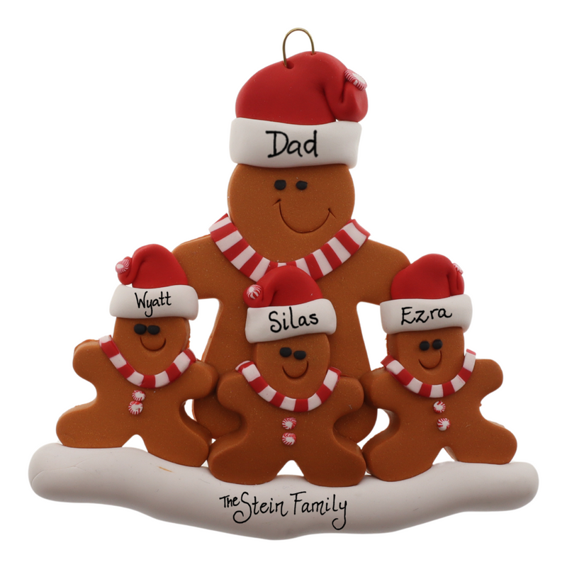 Family ornament with 1 large and 3 small brown gingerbread figures in red Christmas hats, personalized with names.