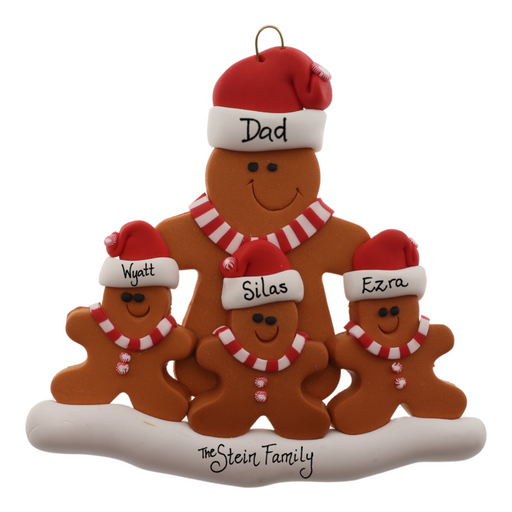 Family ornament with 1 large and 3 small brown gingerbread figures in red Christmas hats, personalized with names.