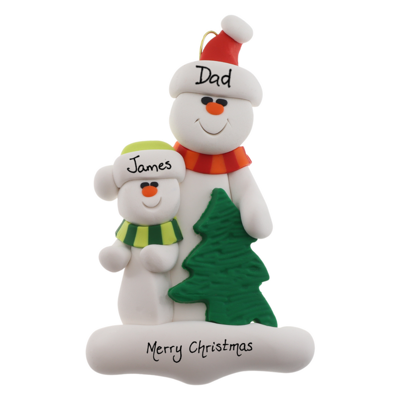 Family ornament with 1 large and 1 small white snowman in bright scarves, with green Christmas tree, personalized with names.