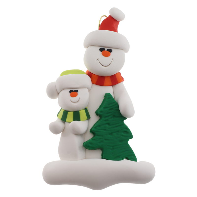 Family ornament with 1 large and 1 small white snowman in bright scarves, with green Christmas tree.