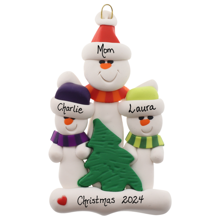 Family ornament with 1 large and 2 small white snowmen in bright scarves, with green Christmas tree, personalized with names.