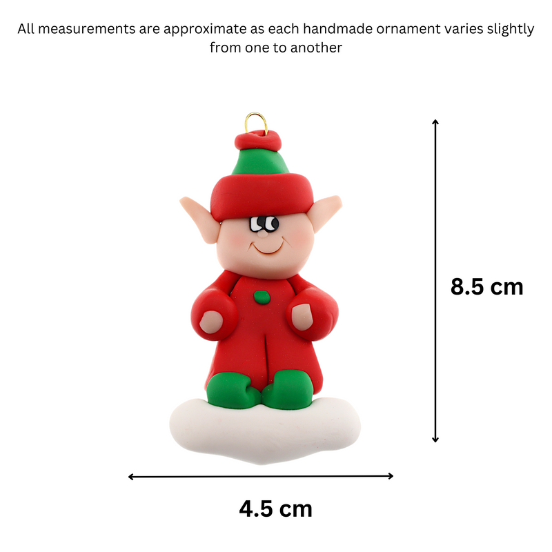 Red and green elf ornament, graphed to show size (4.5x8.5cm).