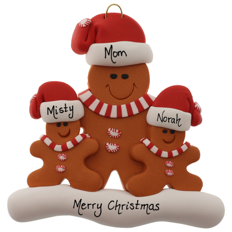 Family ornament with 1 large and 2 small brown gingerbread figures in red Christmas hats, personalized with names.
