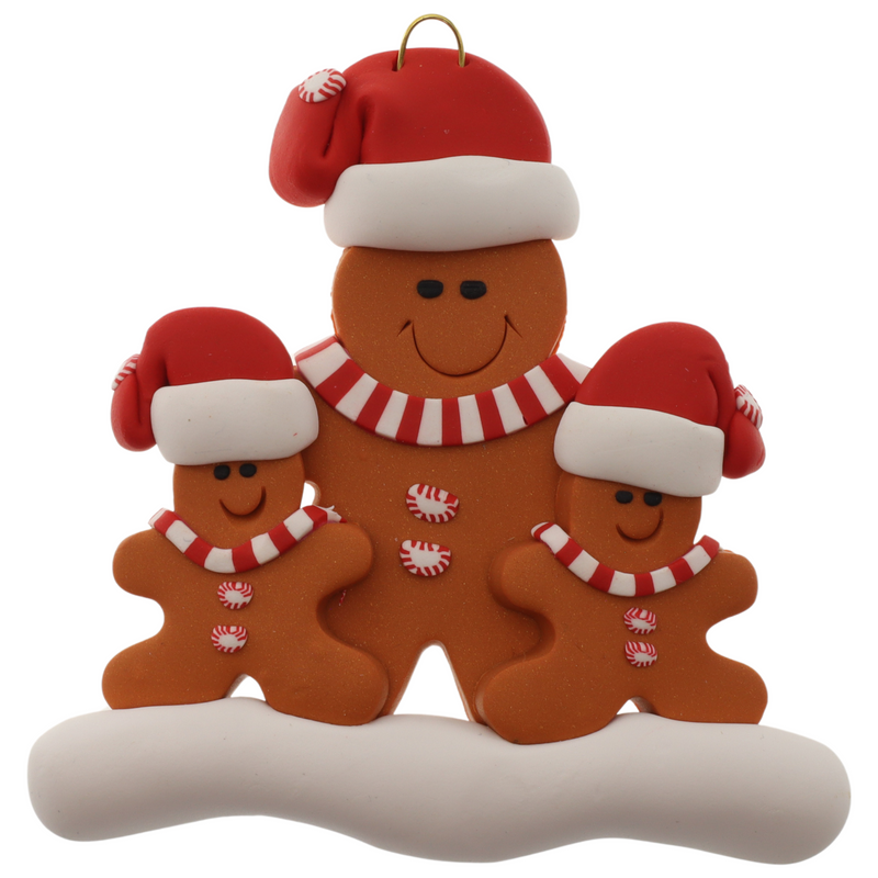 Family ornament with 1 large and 2 small brown gingerbread figures in red Christmas hats.