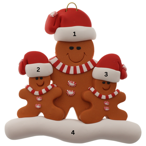 Family ornament with 1 large and 2 small brown gingerbread figures in red Christmas hats, numbered 1-4 for personalization.