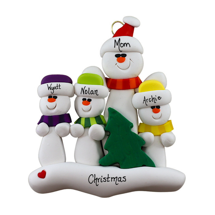 Family ornament with 1 large and 3 small white snowmen in bright scarves, with green Christmas tree, personalized with names.