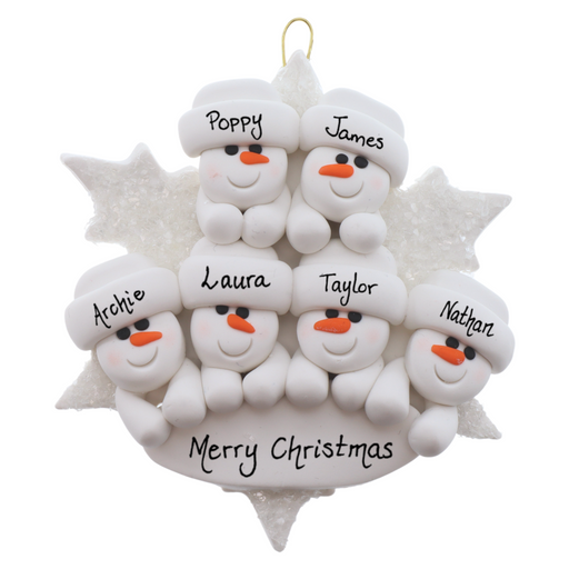 Family ornament with 6 white snowmen stacked on top of a glitter white snowflake, personalized with names.