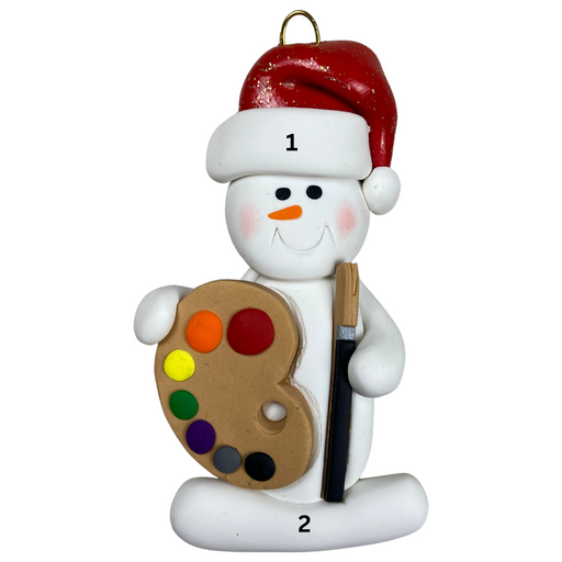 Ornament of white snowman in red hat holding a paint palette and paintbrush, numbered 1-2 for personalization.